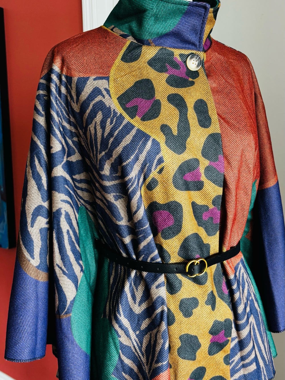 Multicolor Animal-Print Cape Jacket with Belt